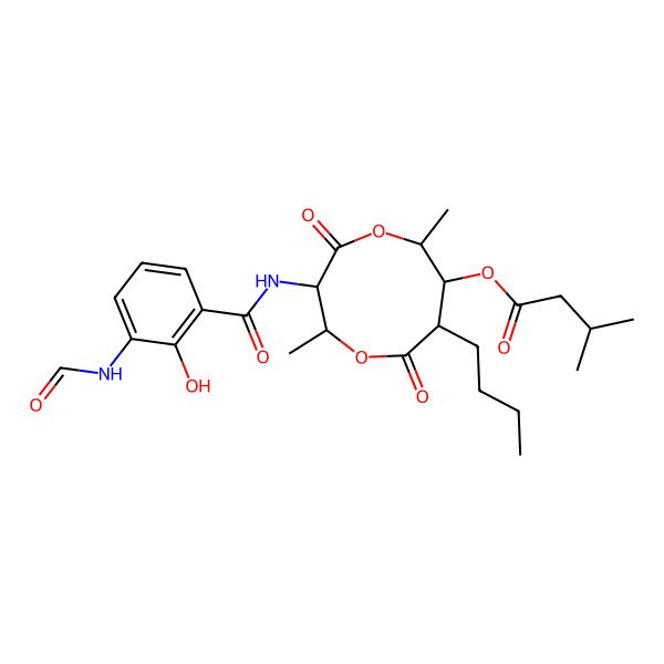 2D Structure of [(2S,3R,6R,7S,8S)-8-butyl-3-[(3-ormamido-2-hydroxybenzoyl)amino]-2,6-dimethyl-4,9-dioxo-1,5-dioxonan-7-yl] 3-methylbutanoate
