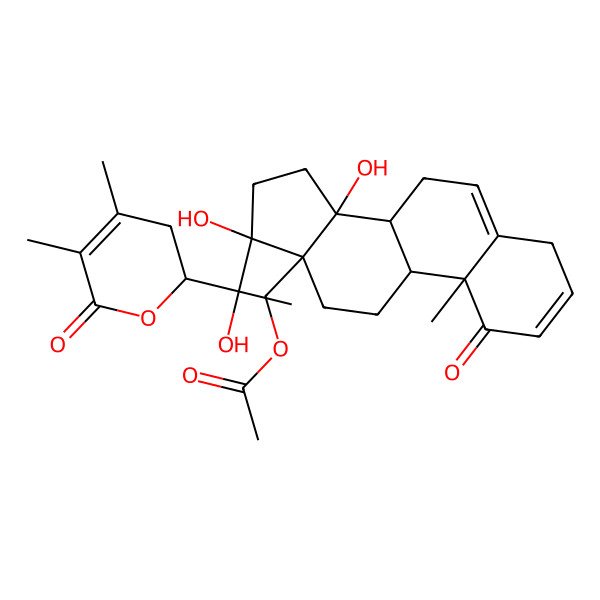 2D Structure of [(8R,9S,10R,13R,14R,17S)-17-[(1S)-1-[(2R)-4,5-dimethyl-6-oxo-2,3-dihydropyran-2-yl]-1-hydroxyethyl]-14,17-dihydroxy-10-methyl-1-oxo-4,7,8,9,11,12,15,16-octahydrocyclopenta[a]phenanthren-13-yl]methyl acetate