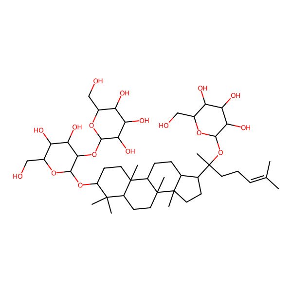 2D Structure of 2-[4,5-dihydroxy-6-(hydroxymethyl)-2-[[4,4,8,10,14-pentamethyl-17-[6-methyl-2-[3,4,5-trihydroxy-6-(hydroxymethyl)oxan-2-yl]oxyhept-5-en-2-yl]-2,3,5,6,7,9,11,12,13,15,16,17-dodecahydro-1H-cyclopenta[a]phenanthren-3-yl]oxy]oxan-3-yl]oxy-6-(hydroxymethyl)oxane-3,4,5-triol