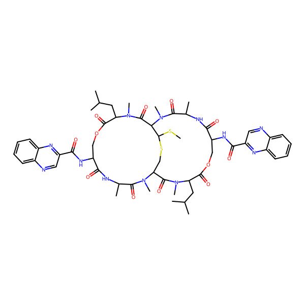 2D Structure of N-[2,4,12,15,17,25-hexamethyl-11,24-bis(2-methylpropyl)-27-methylsulfanyl-3,6,10,13,16,19,23,26-octaoxo-20-(quinoxaline-2-carbonylamino)-9,22-dioxa-28-thia-2,5,12,15,18,25-hexazabicyclo[12.12.3]nonacosan-7-yl]quinoxaline-2-carboxamide