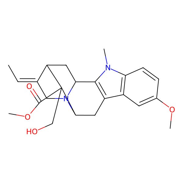 2D Structure of methyl (1S,12S,13R,14S)-15-ethylidene-13-(hydroxymethyl)-7-methoxy-3-methyl-3,17-diazapentacyclo[12.3.1.02,10.04,9.012,17]octadeca-2(10),4(9),5,7-tetraene-13-carboxylate