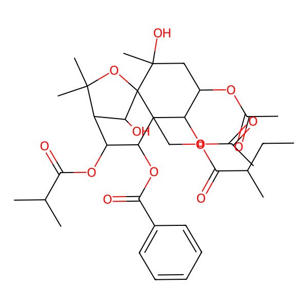 2D Structure of [(1S,2S,4S,5R,6S,7S,8S,9S,12R)-4,5-diacetyloxy-2,12-dihydroxy-2,10,10-trimethyl-6-[[(2R)-2-methylbutanoyl]oxymethyl]-8-(2-methylpropanoyloxy)-11-oxatricyclo[7.2.1.01,6]dodecan-7-yl] benzoate