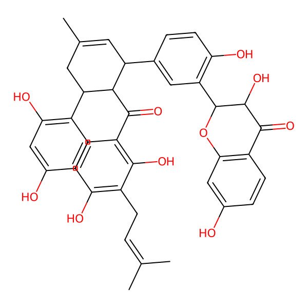 2D Structure of 2-[5-[6-[2,4-Dihydroxy-3-(3-methylbut-2-enyl)benzoyl]-5-(2,4-dihydroxyphenyl)-3-methylcyclohex-2-en-1-yl]-2-hydroxyphenyl]-3,7-dihydroxy-2,3-dihydrochromen-4-one