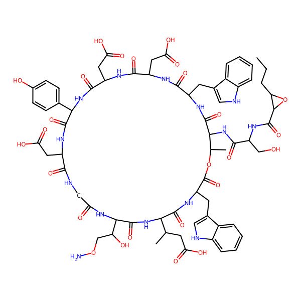 2D Structure of 3-[(6S,9R,15S,18R,21S,24S,27R,30S,31R)-9-[(1S)-2-aminooxy-1-hydroxyethyl]-15,21,24-tris(carboxymethyl)-18-(4-hydroxyphenyl)-30-[[(2S)-3-hydroxy-2-[(3-propyloxirane-2-carbonyl)amino]propanoyl]amino]-3,27-bis(1H-indol-3-ylmethyl)-31-methyl-2,5,8,11,14,17,20,23,26,29-decaoxo-1-oxa-4,7,10,13,16,19,22,25,28-nonazacyclohentriacont-6-yl]butanoic acid
