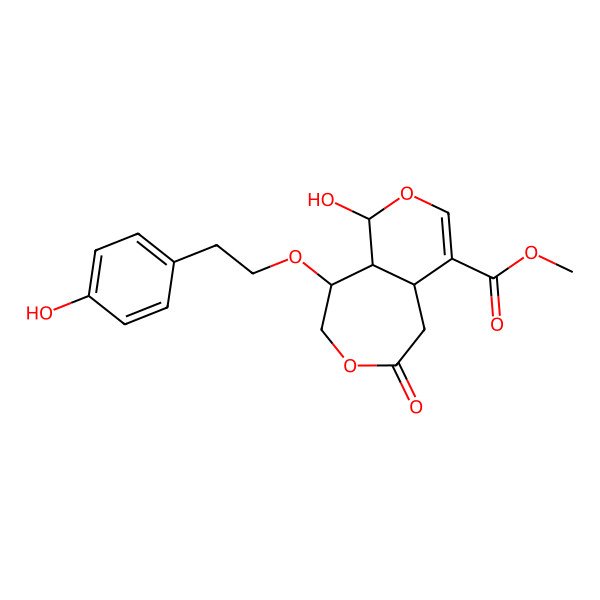 2D Structure of methyl (1R,4aS,9S,9aS)-1-hydroxy-9-[2-(4-hydroxyphenyl)ethoxy]-6-oxo-1,4a,5,8,9,9a-hexahydropyrano[3,4-d]oxepine-4-carboxylate