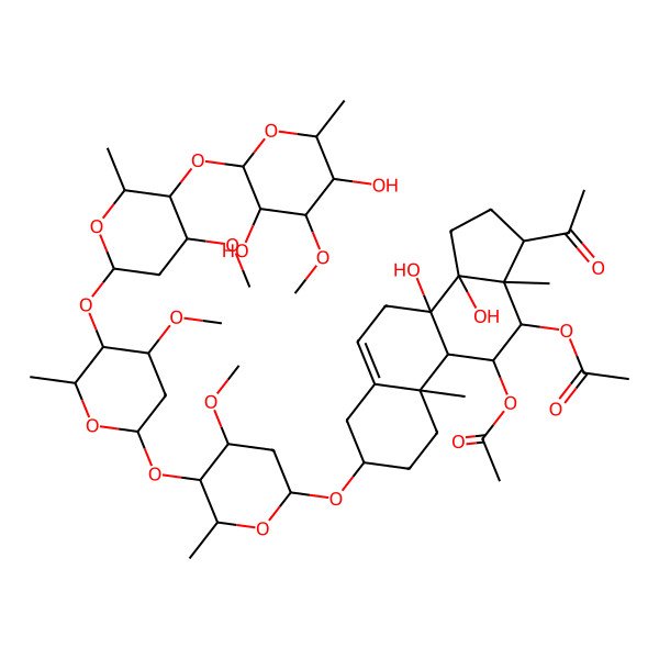 2D Structure of [(3S,8S,9S,10R,11S,12S,13S,14R,17S)-17-acetyl-12-acetyloxy-3-[(2R,4S,5R,6R)-5-[(2S,4S,5R,6R)-5-[(2S,4R,5R,6R)-5-[(2S,3R,4R,5R,6R)-3,5-dihydroxy-4-methoxy-6-methyloxan-2-yl]oxy-4-methoxy-6-methyloxan-2-yl]oxy-4-methoxy-6-methyloxan-2-yl]oxy-4-methoxy-6-methyloxan-2-yl]oxy-8,14-dihydroxy-10,13-dimethyl-2,3,4,7,9,11,12,15,16,17-decahydro-1H-cyclopenta[a]phenanthren-11-yl] acetate