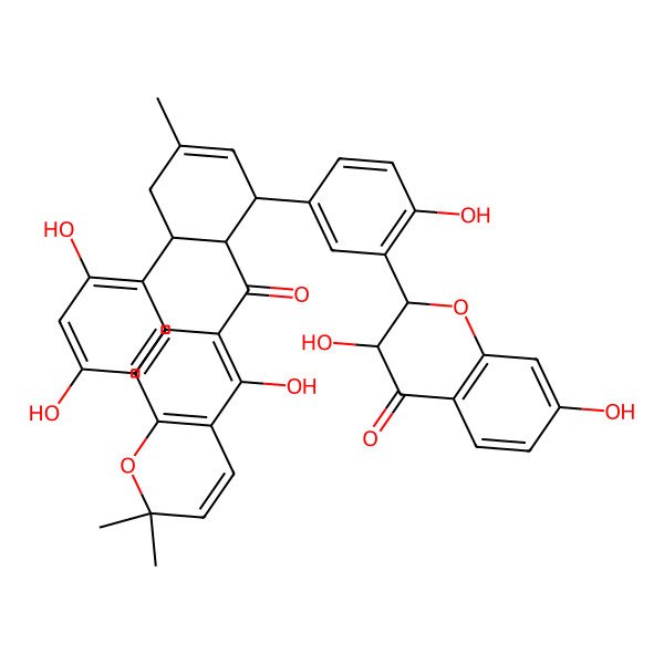 2D Structure of (2S,3R)-2-[5-[(1R,5S,6R)-5-(2,4-dihydroxyphenyl)-6-(5-hydroxy-2,2-dimethylchromene-6-carbonyl)-3-methylcyclohex-2-en-1-yl]-2-hydroxyphenyl]-3,7-dihydroxy-2,3-dihydrochromen-4-one