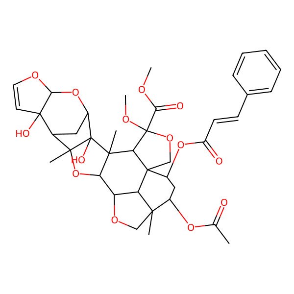 2D Structure of Methyl 23-acetyloxy-7,14-dihydroxy-4-methoxy-6,16,22-trimethyl-25-(3-phenylprop-2-enoyloxy)-3,9,11,17,20-pentaoxaoctacyclo[17.6.1.18,15.01,5.06,18.07,16.010,14.022,26]heptacos-12-ene-4-carboxylate