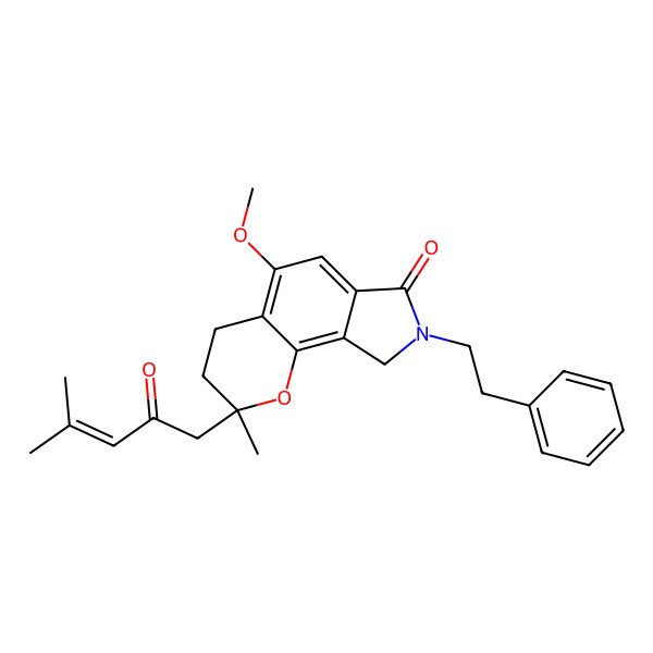 2D Structure of (2S)-5-methoxy-2-methyl-2-(4-methyl-2-oxopent-3-enyl)-8-(2-phenylethyl)-4,9-dihydro-3H-pyrano[2,3-e]isoindol-7-one