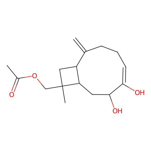 2D Structure of [(1R,5Z,7R,9R,10S)-6,7-dihydroxy-10-methyl-2-methylidene-10-bicyclo[7.2.0]undec-5-enyl]methyl acetate