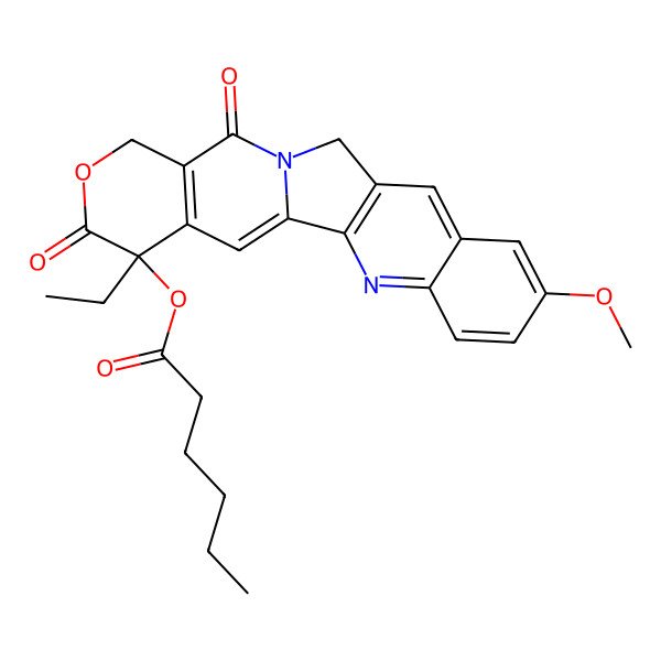 2D Structure of (19-Ethyl-7-methoxy-14,18-dioxo-17-oxa-3,13-diazapentacyclo[11.8.0.02,11.04,9.015,20]henicosa-1(21),2(11),3,5,7,9,15(20)-heptaen-19-yl) hexanoate