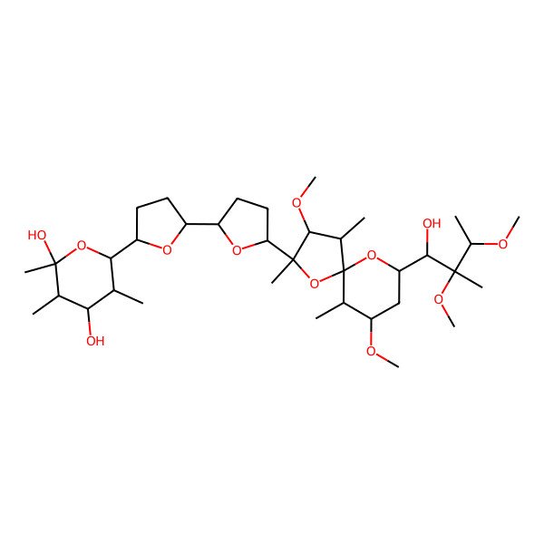 2D Structure of 6-[5-[5-[9-(1-Hydroxy-2,3-dimethoxy-2-methylbutyl)-3,7-dimethoxy-2,4,6-trimethyl-1,10-dioxaspiro[4.5]decan-2-yl]oxolan-2-yl]oxolan-2-yl]-2,3,5-trimethyloxane-2,4-diol
