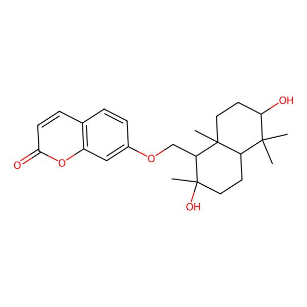 2D Structure of 2H-1-Benzopyran-2-one, 7-[[(1R,2S,4aS,6S,8aR)-decahydro-2,6-dihydroxy-2,5,5,8a-tetramethyl-1-naphthalenyl]methoxy]-