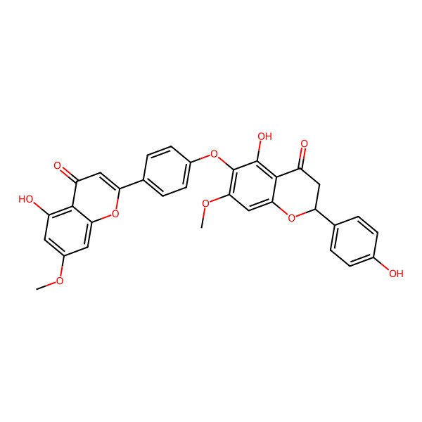 2D Structure of 5-hydroxy-2-[4-[[(2S)-5-hydroxy-2-(4-hydroxyphenyl)-7-methoxy-4-oxo-2,3-dihydrochromen-6-yl]oxy]phenyl]-7-methoxychromen-4-one