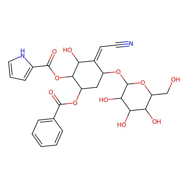 2D Structure of [(1R,2S,3E,4S,6R)-6-benzoyloxy-3-(cyanomethylidene)-2-hydroxy-4-[(2R,3R,4S,5R,6R)-3,4,5-trihydroxy-6-(hydroxymethyl)oxan-2-yl]oxycyclohexyl] 1H-pyrrole-2-carboxylate