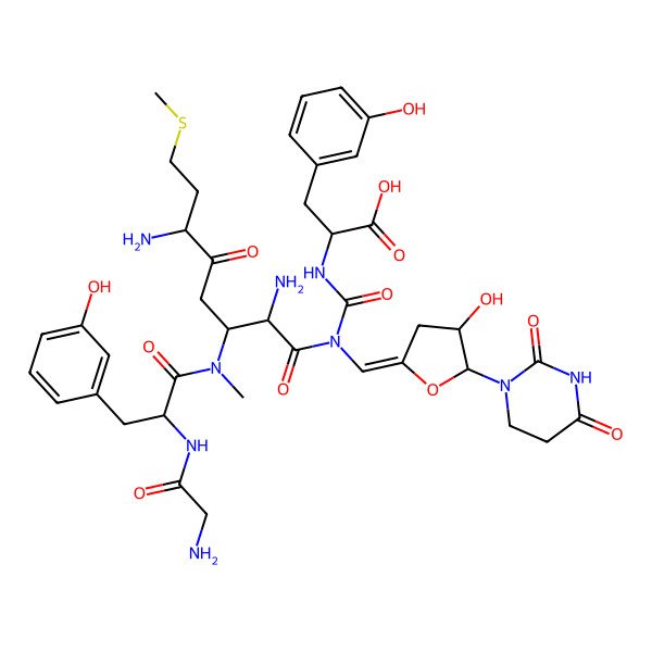 2D Structure of 2-[[[(6S)-2,6-diamino-3-[[(2S)-2-[(2-aminoacetyl)amino]-3-(3-hydroxyphenyl)propanoyl]-methylamino]-8-methylsulfanyl-5-oxooctanoyl]-[(E)-[5-(2,4-dioxo-1,3-diazinan-1-yl)-4-hydroxyoxolan-2-ylidene]methyl]carbamoyl]amino]-3-(3-hydroxyphenyl)propanoic acid