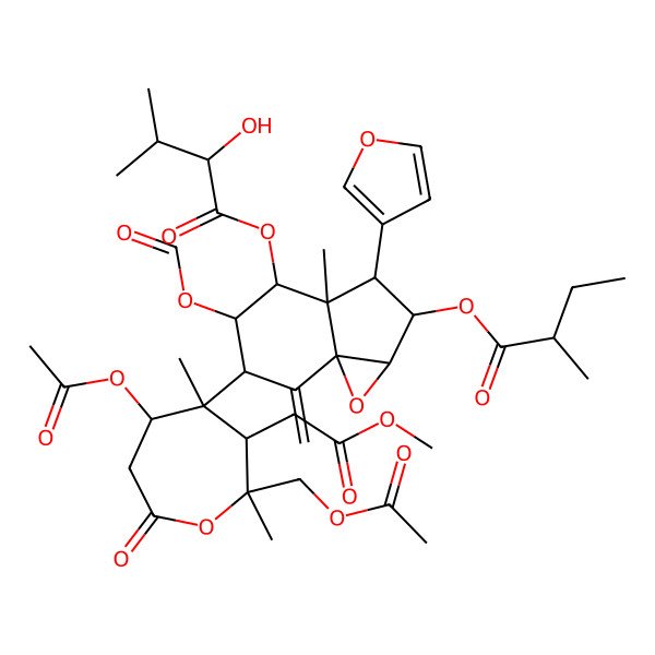 2D Structure of [(1aR,2R,3S,3aR,4R,5R,6R,7aS)-6-[(2S,3R,4R,5S)-5-acetyloxy-2-(acetyloxymethyl)-3-(2-methoxy-2-oxoethyl)-2,4-dimethyl-7-oxooxepan-4-yl]-5-formyloxy-3-(furan-3-yl)-3a-methyl-2-[(2S)-2-methylbutanoyl]oxy-7-methylidene-1a,2,3,4,5,6-hexahydroindeno[1,7a-b]oxiren-4-yl] (2R)-2-hydroxy-3-methylbutanoate