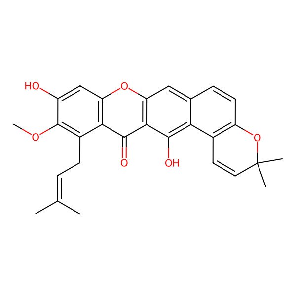 2D Structure of 10,14-Dihydroxy-11-methoxy-3,3-dimethyl-12-(3-methyl-2-butenyl)-[1]benzopyrano[5,6-b]xanthen-13(3H)-one
