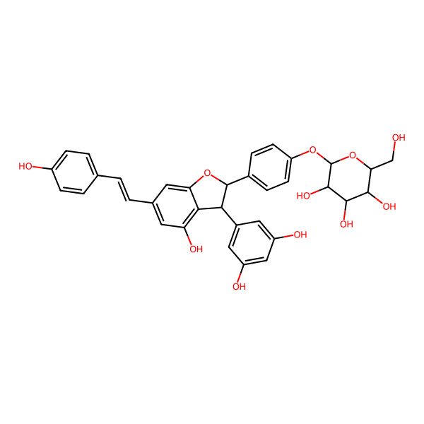 2D Structure of 2-[4-[3-(3,5-Dihydroxyphenyl)-4-hydroxy-6-[2-(4-hydroxyphenyl)ethenyl]-2,3-dihydro-1-benzofuran-2-yl]phenoxy]-6-(hydroxymethyl)oxane-3,4,5-triol