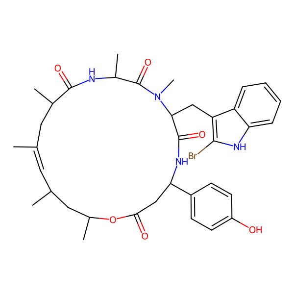 2D Structure of 7-[(2-bromo-1H-indol-3-yl)methyl]-4-(4-hydroxyphenyl)-8,10,13,15,17,19-hexamethyl-1-oxa-5,8,11-triazacyclononadec-15-ene-2,6,9,12-tetrone
