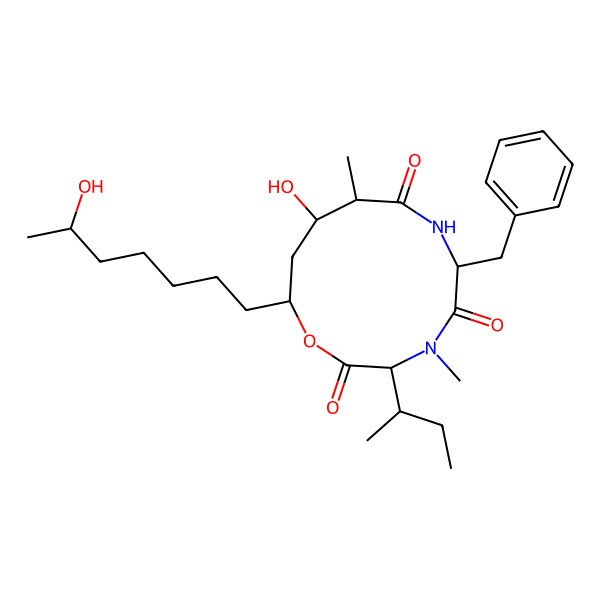 2D Structure of 6-Benzyl-3-butan-2-yl-10-hydroxy-12-(6-hydroxyheptyl)-4,9-dimethyl-1-oxa-4,7-diazacyclododecane-2,5,8-trione