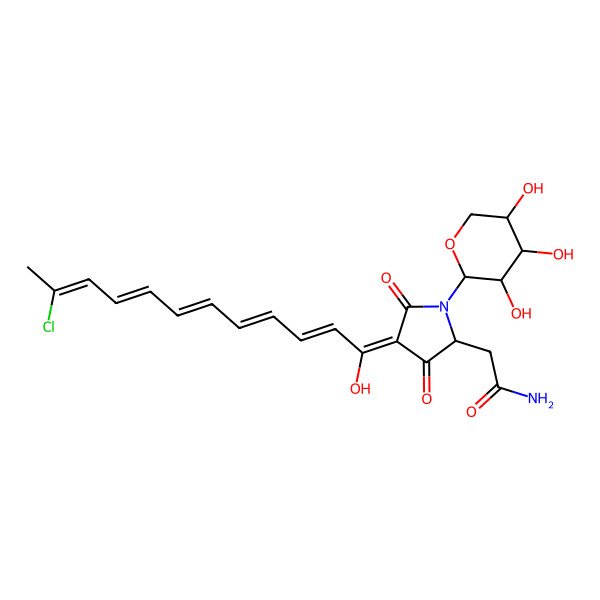 2D Structure of 2-[(2S,4Z)-4-[(2E,4E,6E,8E,10Z)-11-chloro-1-hydroxydodeca-2,4,6,8,10-pentaenylidene]-3,5-dioxo-1-[(2S,3R,4R,5R)-3,4,5-trihydroxyoxan-2-yl]pyrrolidin-2-yl]acetamide