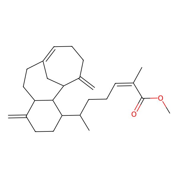 2D Structure of methyl (E,6S)-6-[(1S,2S,3S,7S)-6,14-dimethylidene-3-tricyclo[8.4.1.02,7]pentadec-10-enyl]-2-methylhept-2-enoate