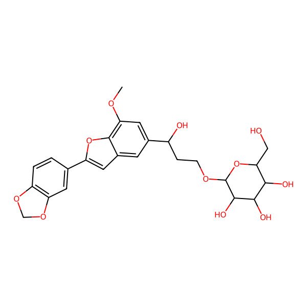 2D Structure of (2R,3R,4S,5S,6R)-2-[(3S)-3-[2-(1,3-benzodioxol-5-yl)-7-methoxy-1-benzofuran-5-yl]-3-hydroxypropoxy]-6-(hydroxymethyl)oxane-3,4,5-triol