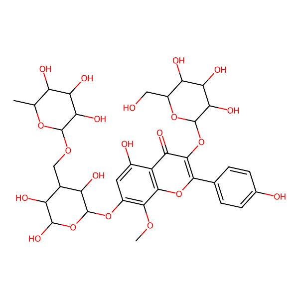 2D Structure of 5-hydroxy-2-(4-hydroxyphenyl)-8-methoxy-3-[(3R,4S,5S,6R)-3,4,5-trihydroxy-6-(hydroxymethyl)oxan-2-yl]oxy-7-[(2R,3R,4S,5S,6S)-3,5,6-trihydroxy-4-[[(2R,3R,4R,5R,6S)-3,4,5-trihydroxy-6-methyloxan-2-yl]oxymethyl]oxan-2-yl]oxychromen-4-one