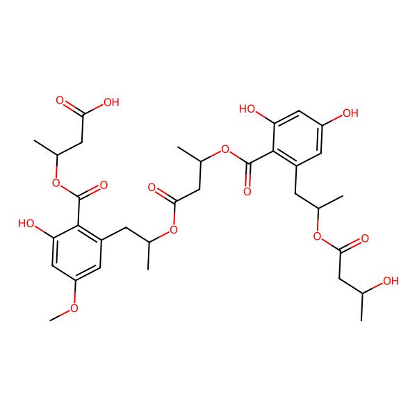 2D Structure of 3-[2-[2-[3-[2,4-Dihydroxy-6-[2-(3-hydroxybutanoyloxy)propyl]benzoyl]oxybutanoyloxy]propyl]-6-hydroxy-4-methoxybenzoyl]oxybutanoic acid