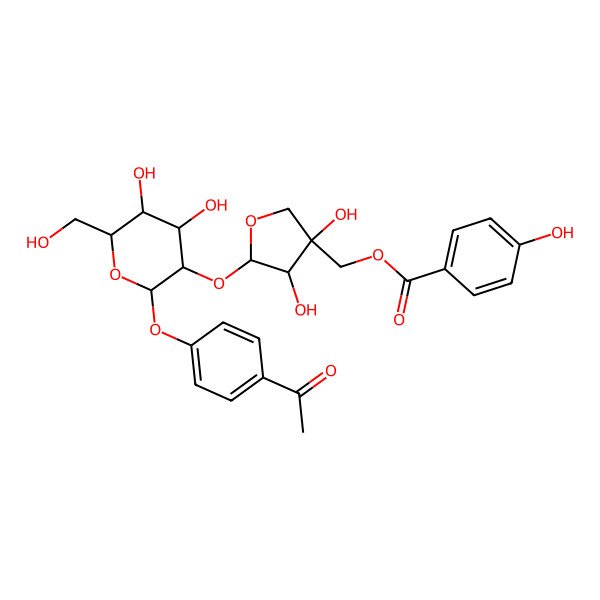 2D Structure of [(3S,4R,5S)-5-[(2S,3R,4S,5S,6R)-2-(4-acetylphenoxy)-4,5-dihydroxy-6-(hydroxymethyl)oxan-3-yl]oxy-3,4-dihydroxyoxolan-3-yl]methyl 4-hydroxybenzoate