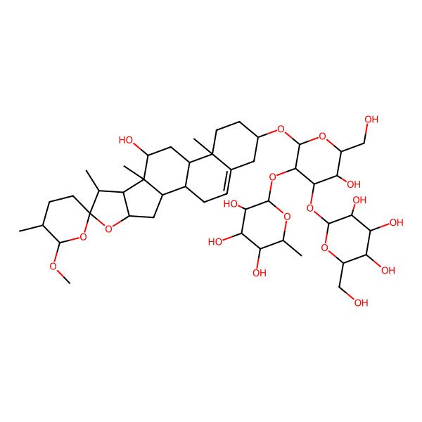 2D Structure of (2S,3R,4R,5R,6S)-2-[(2R,3R,4S,5S,6R)-5-hydroxy-2-[(1R,2S,4S,5'R,6S,6'R,7S,8R,9S,10R,12S,13R,16S)-10-hydroxy-6'-methoxy-5',7,9,13-tetramethylspiro[5-oxapentacyclo[10.8.0.02,9.04,8.013,18]icos-18-ene-6,2'-oxane]-16-yl]oxy-6-(hydroxymethyl)-4-[(2S,3R,4S,5S,6R)-3,4,5-trihydroxy-6-(hydroxymethyl)oxan-2-yl]oxyoxan-3-yl]oxy-6-methyloxane-3,4,5-triol