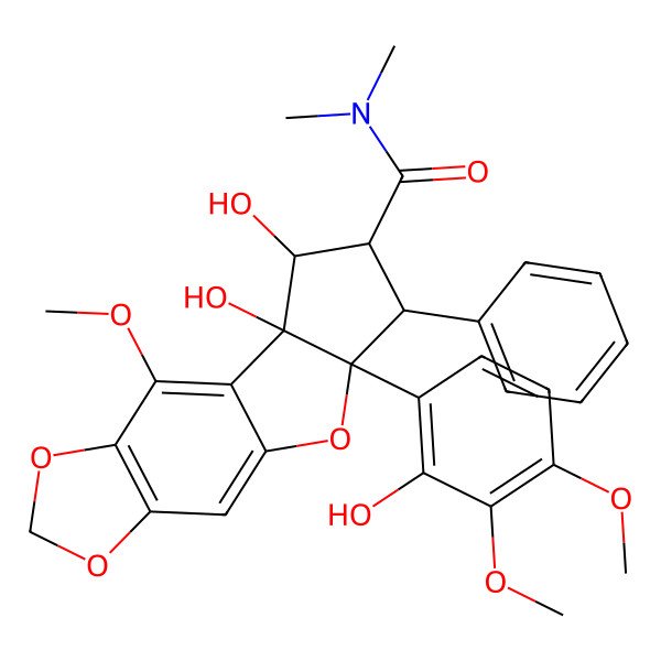 2D Structure of (10S,11R,12R,13S,14R)-10,11-dihydroxy-14-(2-hydroxy-3,4-dimethoxyphenyl)-8-methoxy-N,N-dimethyl-13-phenyl-4,6,15-trioxatetracyclo[7.6.0.03,7.010,14]pentadeca-1,3(7),8-triene-12-carboxamide