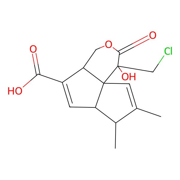 2D Structure of (1S,4aR,6aR,7R)-1-(chloromethyl)-1-hydroxy-7,8-dimethyl-2-oxo-4,4a,6a,7-tetrahydropentaleno[1,6a-c]pyran-5-carboxylic acid