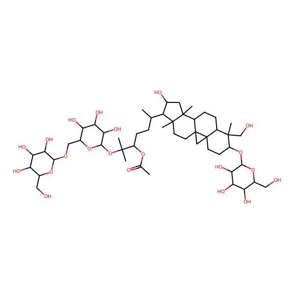 2D Structure of [6-[14-Hydroxy-7-(hydroxymethyl)-7,12,16-trimethyl-6-[3,4,5-trihydroxy-6-(hydroxymethyl)oxan-2-yl]oxy-15-pentacyclo[9.7.0.01,3.03,8.012,16]octadecanyl]-2-methyl-2-[3,4,5-trihydroxy-6-[[3,4,5-trihydroxy-6-(hydroxymethyl)oxan-2-yl]oxymethyl]oxan-2-yl]oxyheptan-3-yl] acetate
