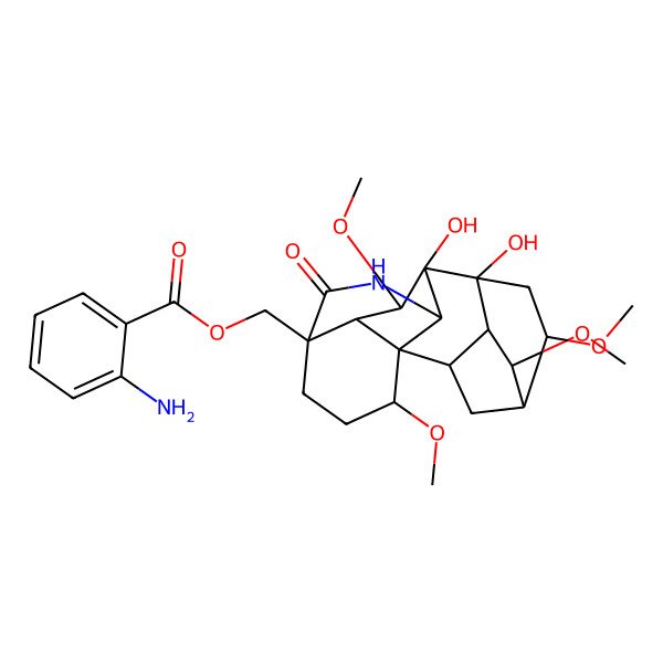 2D Structure of [(1S,2R,3R,4S,5R,6S,8R,9S,10S,13R,16S,17S,18S)-8,9-dihydroxy-4,6,16,18-tetramethoxy-12-oxo-11-azahexacyclo[7.7.2.12,5.01,10.03,8.013,17]nonadecan-13-yl]methyl 2-aminobenzoate