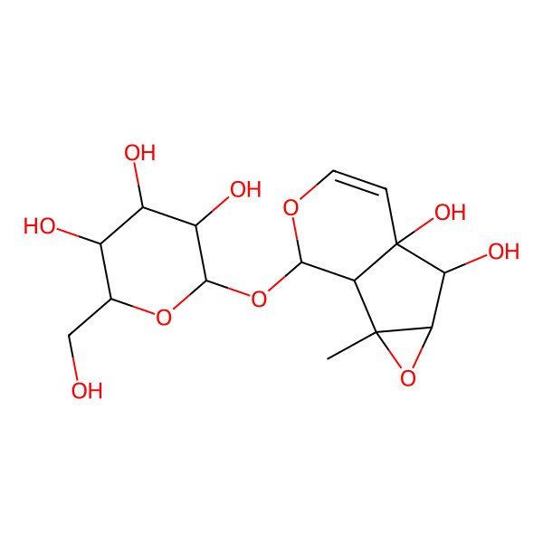 2D Structure of 2-[(5,6-Dihydroxy-2-methyl-3,9-dioxatricyclo[4.4.0.02,4]dec-7-en-10-yl)oxy]-6-(hydroxymethyl)oxane-3,4,5-triol
