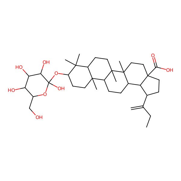 2D Structure of (1R,3aS,5aR,5bR,7aR,9R,11aR,11bR,13aR,13bR)-1-but-1-en-2-yl-5a,5b,8,8,11a-pentamethyl-9-[(2S,3S,5S)-2,3,4,5-tetrahydroxy-6-(hydroxymethyl)oxan-2-yl]oxy-1,2,3,4,5,6,7,7a,9,10,11,11b,12,13,13a,13b-hexadecahydrocyclopenta[a]chrysene-3a-carboxylic acid