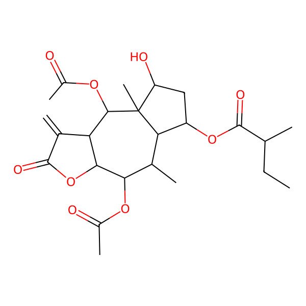 2D Structure of [(3aR,4R,5S,5aS,6S,8R,8aS,9R,9aS)-4,9-diacetyloxy-8-hydroxy-5,8a-dimethyl-1-methylidene-2-oxo-4,5,5a,6,7,8,9,9a-octahydro-3aH-azuleno[6,5-b]furan-6-yl] (2R)-2-methylbutanoate