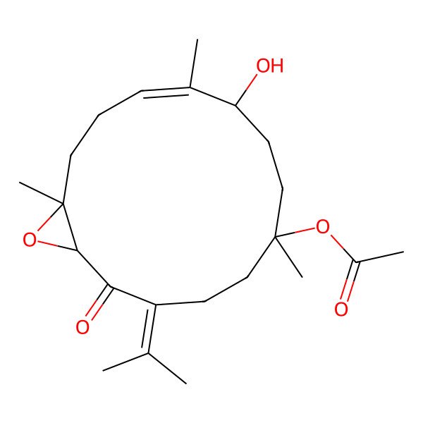 2D Structure of [(1R,6R,9R,10E,14S)-9-hydroxy-6,10,14-trimethyl-2-oxo-3-propan-2-ylidene-15-oxabicyclo[12.1.0]pentadec-10-en-6-yl] acetate