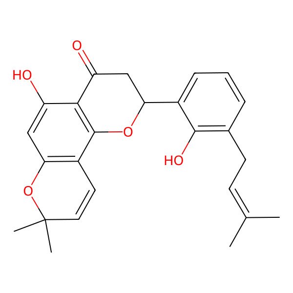 2D Structure of 5-Hydroxy-2-[2-hydroxy-3-(3-methylbut-2-enyl)phenyl]-8,8-dimethyl-2,3-dihydropyrano[2,3-h]chromen-4-one