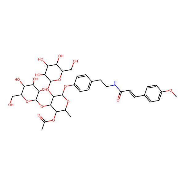 2D Structure of [(2S,3S,4R,5R,6S)-6-[4-[2-[3-(4-methoxyphenyl)prop-2-enoylamino]ethyl]phenoxy]-2-methyl-4,5-bis[[(2S,3R,4S,5S,6R)-3,4,5-trihydroxy-6-(hydroxymethyl)oxan-2-yl]oxy]oxan-3-yl] acetate
