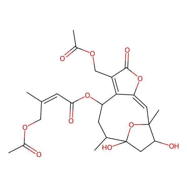 2D Structure of [(1R,2E,8S,10S,11R,13S)-6-(acetyloxymethyl)-11,13-dihydroxy-1,10-dimethyl-5-oxo-4,14-dioxatricyclo[9.2.1.03,7]tetradeca-2,6-dien-8-yl] (Z)-4-acetyloxy-3-methylbut-2-enoate