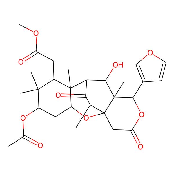 2D Structure of methyl 2-[(1S,3S,5R,7S,8S,9S,10S,11S,12S,16R)-5-acetyloxy-12-(furan-3-yl)-10-hydroxy-6,6,8,11,16-pentamethyl-14,17-dioxo-2,13-dioxatetracyclo[7.6.2.01,11.03,8]heptadecan-7-yl]acetate
