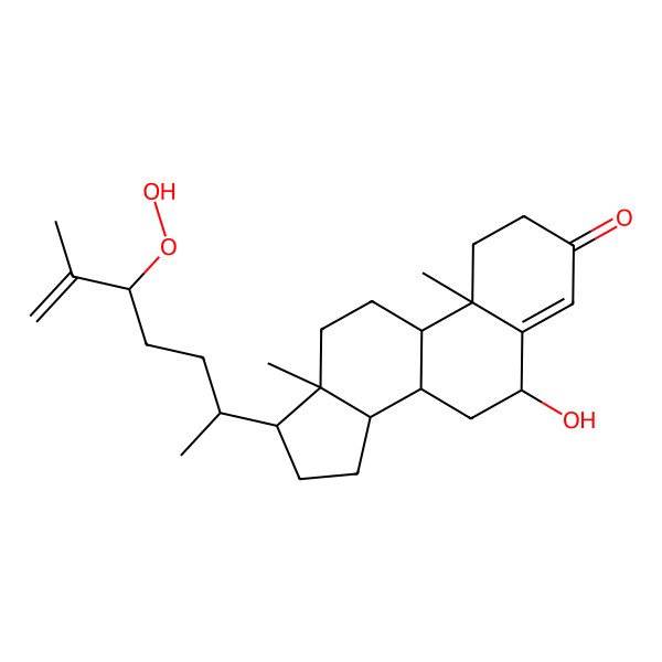 2D Structure of (6R,8S,9S,10R,13R,14S,17R)-17-[(2R,5R)-5-hydroperoxy-6-methylhept-6-en-2-yl]-6-hydroxy-10,13-dimethyl-1,2,6,7,8,9,11,12,14,15,16,17-dodecahydrocyclopenta[a]phenanthren-3-one