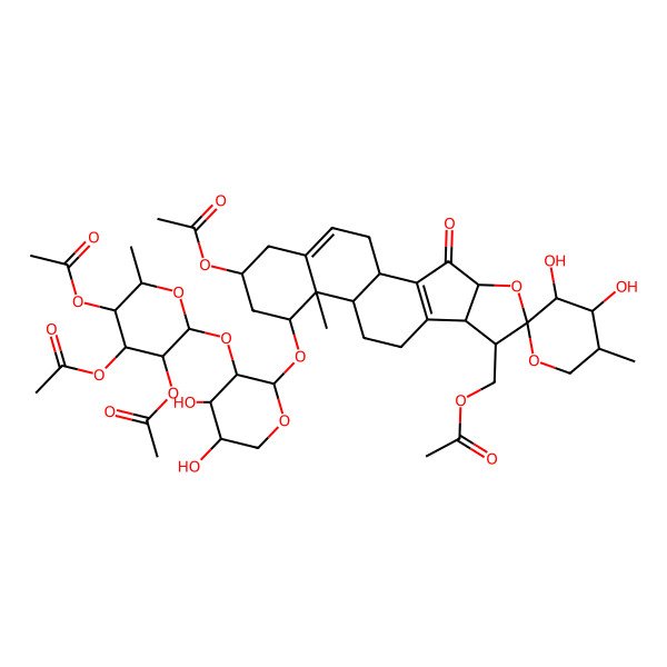 2D Structure of [(1R,3'S,4R,4'S,5'S,6S,7R,8R,12S,13R,14R,16R)-16-acetyloxy-14-[(2S,3R,4S,5S)-4,5-dihydroxy-3-[(2S,3R,4R,5S,6S)-3,4,5-triacetyloxy-6-methyloxan-2-yl]oxyoxan-2-yl]oxy-3',4'-dihydroxy-5',13-dimethyl-3-oxospiro[5-oxapentacyclo[10.8.0.02,9.04,8.013,18]icosa-2(9),18-diene-6,2'-oxane]-7-yl]methyl acetate