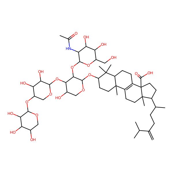 2D Structure of 3-[3-[3-acetamido-4,5-dihydroxy-6-(hydroxymethyl)oxan-2-yl]oxy-4-[3,4-dihydroxy-5-(3,4,5-trihydroxyoxan-2-yl)oxyoxan-2-yl]oxy-5-hydroxyoxan-2-yl]oxy-4,4,10,13-tetramethyl-17-(6-methyl-5-methylideneheptan-2-yl)-2,3,5,6,7,11,12,15,16,17-decahydro-1H-cyclopenta[a]phenanthrene-14-carboxylic acid