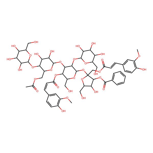 2D Structure of [(2S,3S,4R,5R)-2-[(2R,3R,4S,5R,6R)-4-[(2R,3R,4R,5S,6R)-6-(acetyloxymethyl)-3,4-dihydroxy-5-[(2S,3R,4S,5S,6R)-3,4,5-trihydroxy-6-(hydroxymethyl)oxan-2-yl]oxyoxan-2-yl]oxy-5-[(E)-3-(4-hydroxy-3-methoxyphenyl)prop-2-enoyl]oxy-6-(hydroxymethyl)-3-[(2S,3R,4S,5S,6R)-3,4,5-trihydroxy-6-(hydroxymethyl)oxan-2-yl]oxyoxan-2-yl]oxy-4-hydroxy-2-[[(E)-3-(4-hydroxy-3-methoxyphenyl)prop-2-enoyl]oxymethyl]-5-(hydroxymethyl)oxolan-3-yl] benzoate