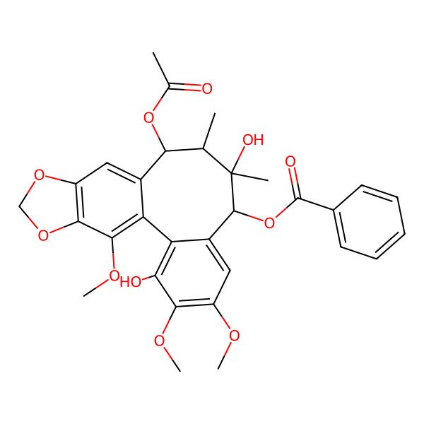 2D Structure of [(8S,9R,10S,11S)-11-acetyloxy-3,9-dihydroxy-4,5,19-trimethoxy-9,10-dimethyl-15,17-dioxatetracyclo[10.7.0.02,7.014,18]nonadeca-1(19),2,4,6,12,14(18)-hexaen-8-yl] benzoate