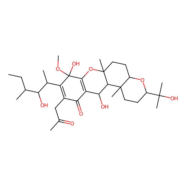 2D Structure of 8,12-Dihydroxy-9-(3-hydroxy-4-methylhexan-2-yl)-3-(2-hydroxypropan-2-yl)-8-methoxy-6a,12b-dimethyl-10-(2-oxopropyl)-1,2,3,4a,5,6,12,12a-octahydropyrano[3,2-a]xanthen-11-one